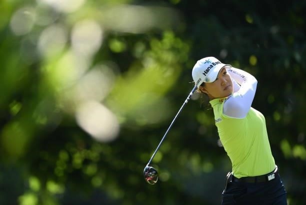 Minjee Lee of Australia tees off on the 3rd hole during day two of the The Amundi Evian Championship at Evian Resort Golf Club on July 23, 2021 in...