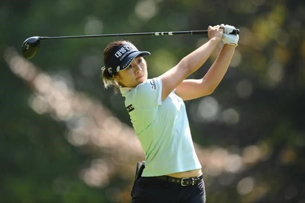 Jeongeun Lee6 of South Korea tees off on the 4th hole during day two of the The Amundi Evian Championship at Evian Resort Golf Club on July 23, 2021...