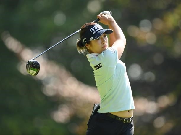 Jeongeun Lee6 of South Korea tees off on the 4th hole during day two of the The Amundi Evian Championship at Evian Resort Golf Club on July 23, 2021...