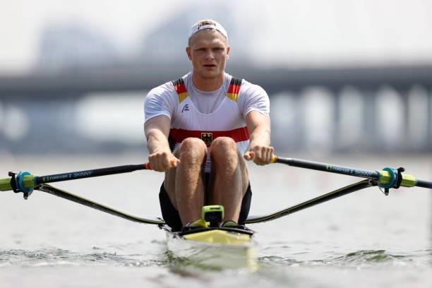 Oliver Zeidler of Team Germany in action during the Men’s Single Sculls Heat 6 during the Tokyo 2020 Olympic Games at Sea Forest Waterway on July 23,...