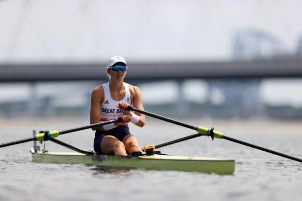 Victoria Thornley of Team Great Britain prepares to compete during the Women’s Single Sculls Heat 4 during the Tokyo 2020 Olympic Games at Sea Forest...