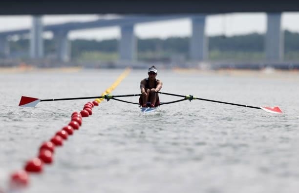 Joan Poh of Team Singapore competes during the Women’s Single Sculls Heat 2 during the Tokyo 2020 Olympic Games at Sea Forest Waterway on July 23,...