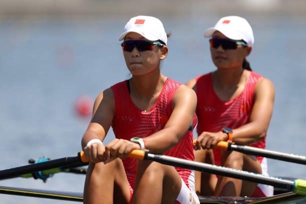 Xiaoxin Liu and Shuangmei Shen of Team China competes in the Women's Double Sculls Heat 1 on Day 0 during the Tokyo 2020 Olympic Games at Sea Forest...