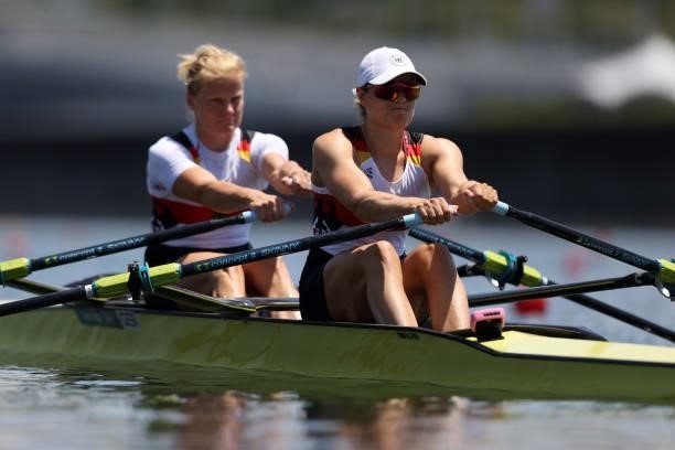 Annekatrin Thiele and Leonie Menzel of Team Germany compete during the Women’s Double Sculls Heat 3 on Day 0 during the Tokyo 2020 Olympic Games at...