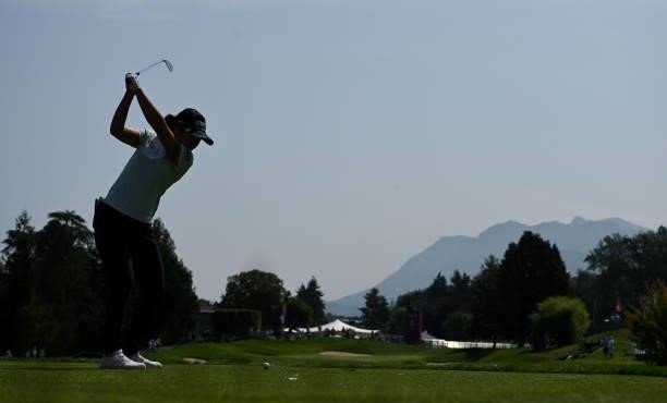 Jeongeun Lee6 of South Korea tees off on the 5th hole during day two of the The Amundi Evian Championship at Evian Resort Golf Club on July 23, 2021...