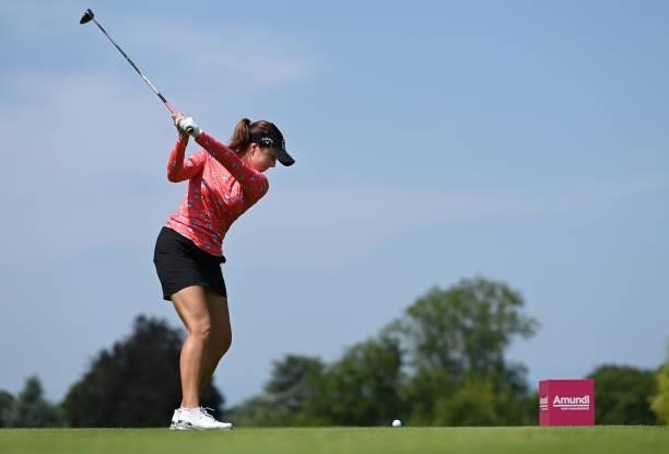 Georgia Hall of England tees off on the 6th hole during day two of the The Amundi Evian Championship at Evian Resort Golf Club on July 23, 2021 in...