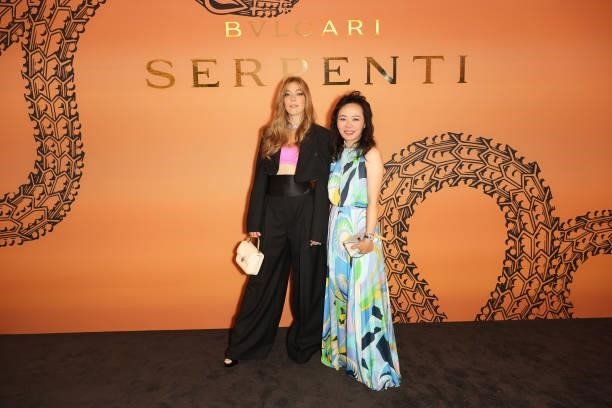 Becky Hill and Joyce Weng attend the Bulgari Serpenti Metamorphosis party at The Serpentine Gallery on July 22, 2021 in London, England.