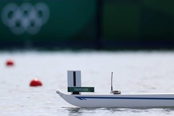 Detailed view of the Boat lane marker and Tokyo Olympics branding on the bow of the boat during the Tokyo 2020 Olympic Games at Sea Forest Waterway...