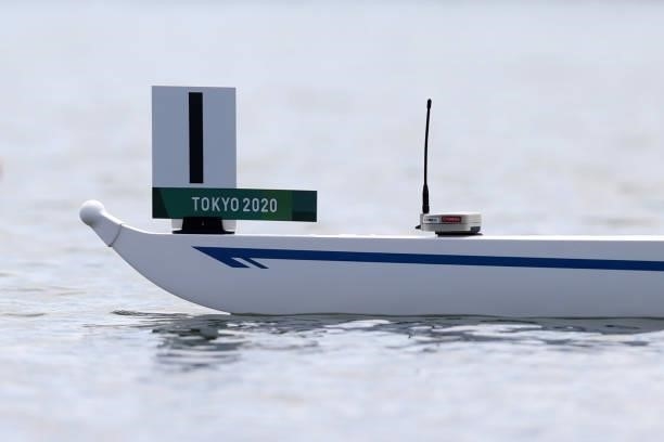 Detailed view of the Boat lane marker and Tokyo Olympics branding on the bow of the boat during the Tokyo 2020 Olympic Games at Sea Forest Waterway...