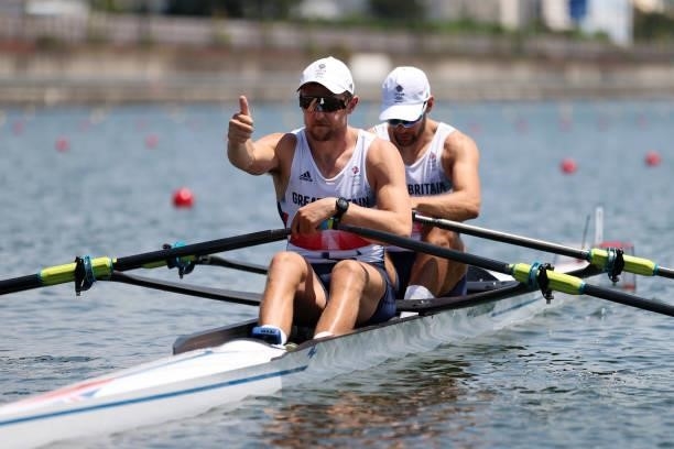 John Collins and Graeme Thomas of Team Great Britain compete during the Men’s Double Sculls Heat 3 on Day 0 during the Tokyo 2020 Olympic Games at...