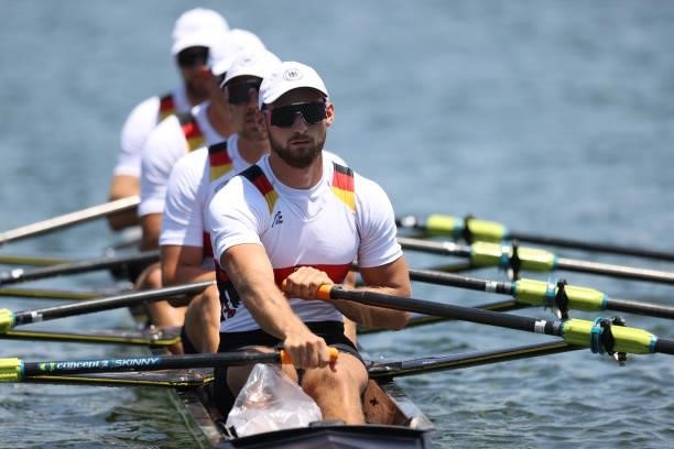 Tim Ole Naske, Karl Schulze, Hans Gruhne and Max Appel of Team Germany compete during the Men’s Quadruple Sculls Heat 2 on Day 0 during the Tokyo...
