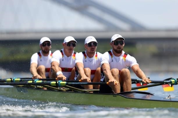 Tim Ole Naske, Karl Schulze, Hans Gruhne and Max Appel of Team Germany compete during the Men’s Quadruple Sculls Heat 2 on Day 0 during the Tokyo...