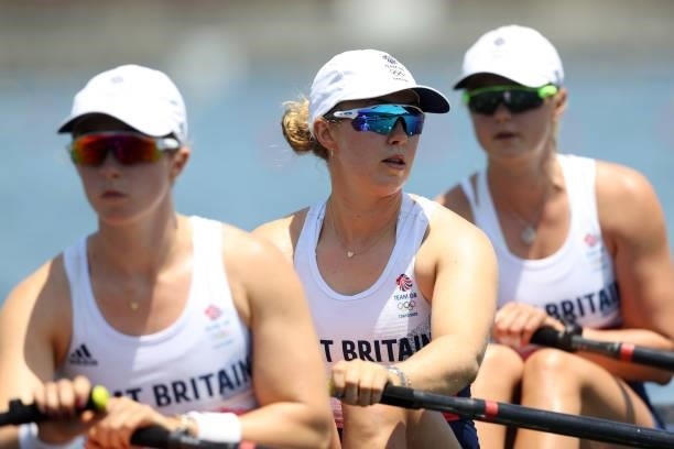 Lucy Glover, Charlotte Hodgkins Byrne, Mathilda Hodgins Byrne and Hannah Scott of Team Great Britain compete during the Women’s Quadruple Sculls Heat...