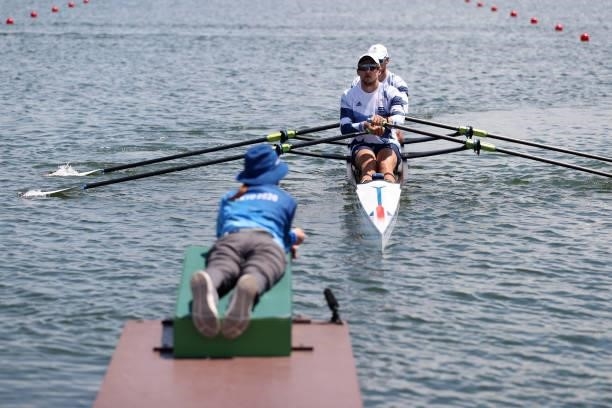 John Collins and Graeme Thomas of Team Great Britain compete during the Men’s Double Sculls Heat 3 on Day 0 during the Tokyo 2020 Olympic Games at...