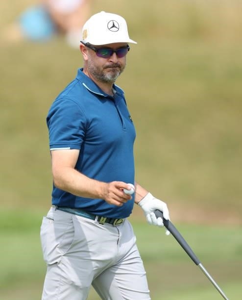 Mikko Korhonen of Finland acknowledges the crowd during Day Two of the Cazoo Open supported by Gareth Bale at Celtic Manor Resort on July 23, 2021 in...