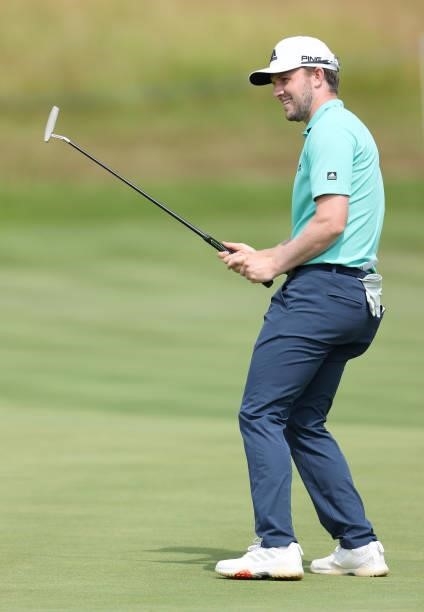 Connor Syme of Scotland putts on the 3rd green during Day Two of the Cazoo Open supported by Gareth Bale at Celtic Manor Resort on July 23, 2021 in...