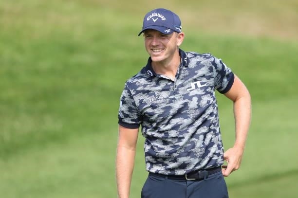 Matt Wallace of England reacts on the 3rd green during Day Two of the Cazoo Open supported by Gareth Bale at Celtic Manor Resort on July 23, 2021 in...