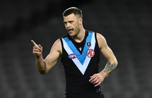 Peter Ladhams of the Power celebrates kicking a goal during the round 19 AFL match between Port Adelaide Power and Collingwood Magpies at Marvel...