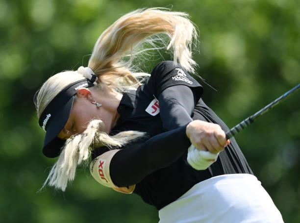 Charley Hull of England tees off on the 7th hole during day two of the The Amundi Evian Championship at Evian Resort Golf Club on July 23, 2021 in...