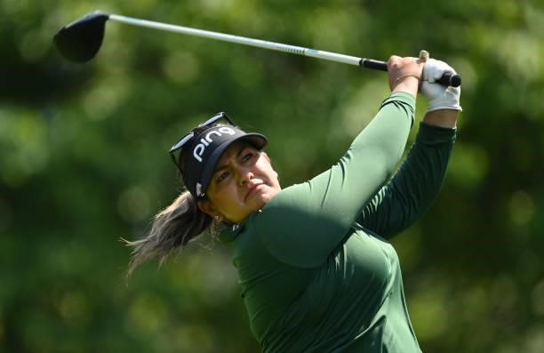 Lizette Salas of The United States tees off on the 7th hole during day two of the The Amundi Evian Championship at Evian Resort Golf Club on July 23,...