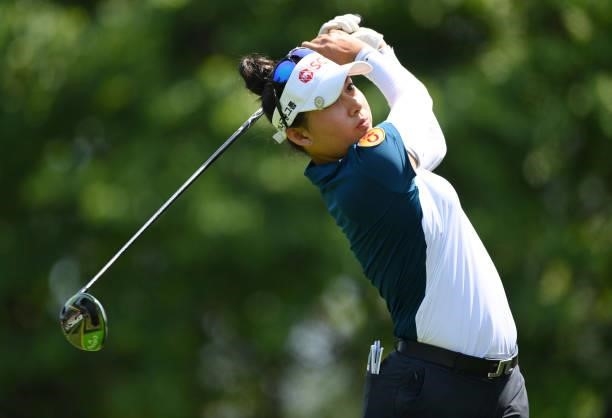Atthaya Thitikul of Thailand tees off on the 7th hole during day two of the The Amundi Evian Championship at Evian Resort Golf Club on July 23, 2021...