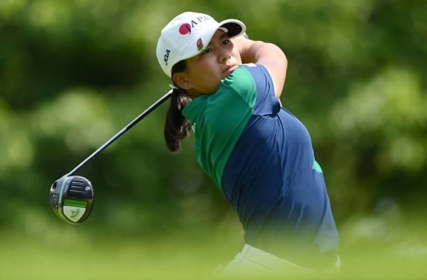 Tsubasa Kajitani of Japan tees off on the 7th hole during day two of the The Amundi Evian Championship at Evian Resort Golf Club on July 23, 2021 in...