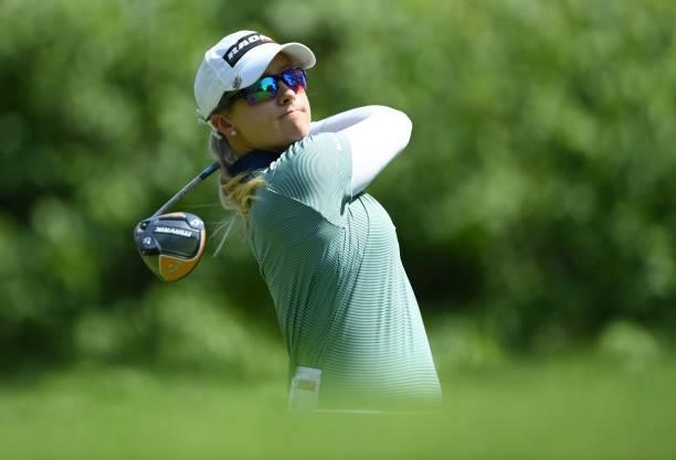 Jodi Ewart Shadoff of England tees off on the 7th hole during day two of the The Amundi Evian Championship at Evian Resort Golf Club on July 23, 2021...