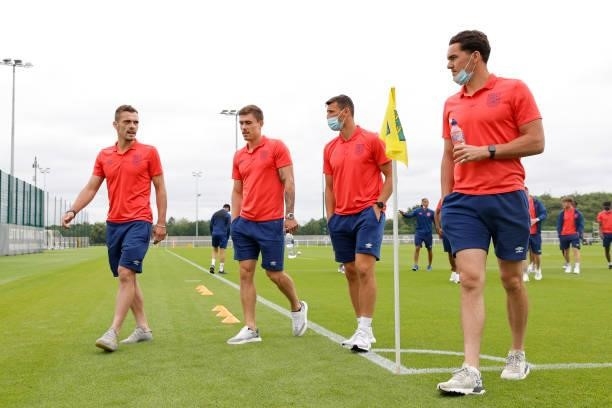 Harry Toffolo, Josh Ruffels, Matty Pearson and Lee Nicholls of Huddersfield Town before the game between Norwich City and Huddersfield Town on July...