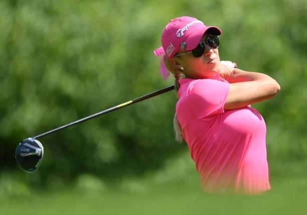 Natalie Gulbis of The United States tees off on the 7th hole during day two of the The Amundi Evian Championship at Evian Resort Golf Club on July...