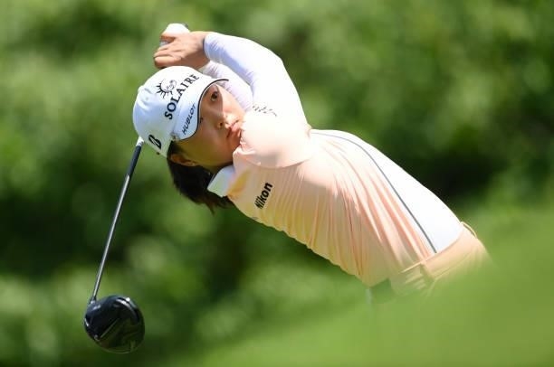 Jin Young Ko of South Korea tees off on the 7th hole during day two of the The Amundi Evian Championship at Evian Resort Golf Club on July 23, 2021...