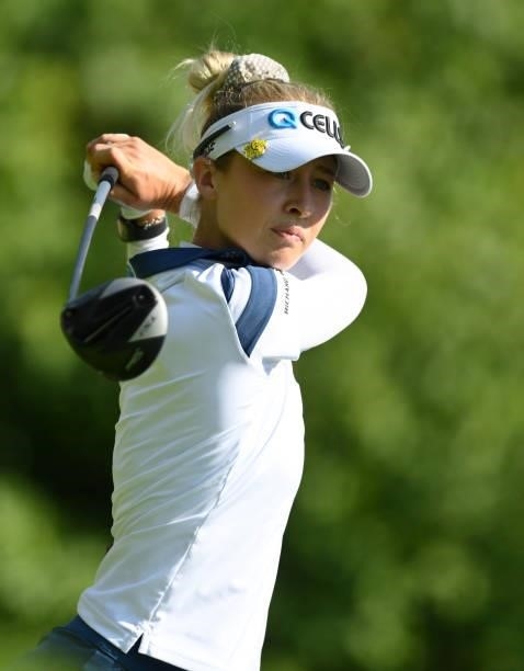 Nelly Korda of The United States tees off on the 7th hole during day two of the The Amundi Evian Championship at Evian Resort Golf Club on July 23,...