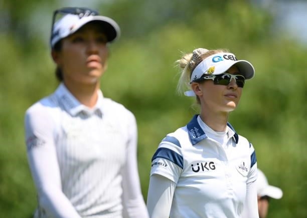 Nelly Korda of The United States looks on with Lydia Ko of New Zealand on the 7th hole during day two of the The Amundi Evian Championship at Evian...