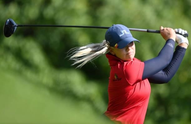 Matilda Castren of Finland tees off on the 7th hole during day two of the The Amundi Evian Championship at Evian Resort Golf Club on July 23, 2021 in...