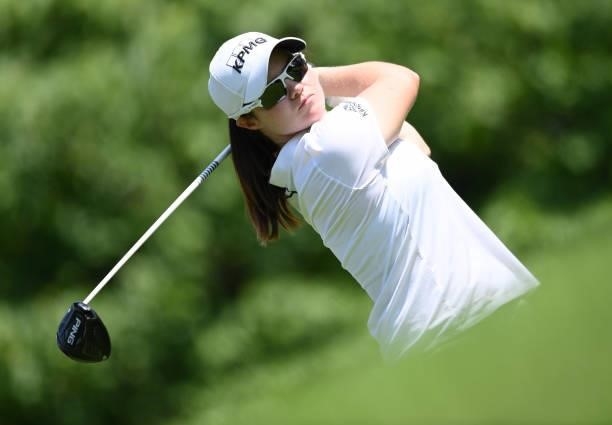 Leona Maguire of Ireland tees off on the 7th hole during day two of the The Amundi Evian Championship at Evian Resort Golf Club on July 23, 2021 in...