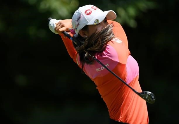 Pajaree Anannarukarn of Thailand tees off on the 3rd hole during day two of the The Amundi Evian Championship at Evian Resort Golf Club on July 23,...