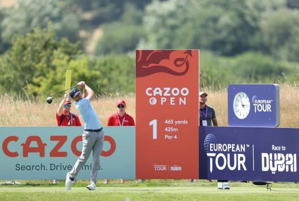 Laurie Canter of England tees off on the 1st hole during Day Two of the Cazoo Open supported by Gareth Bale at Celtic Manor Resort on July 23, 2021...