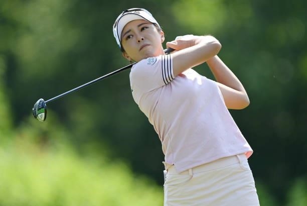 Mi Jung Hur of South Korea tees off on the 13th hole during day two of the The Amundi Evian Championship at Evian Resort Golf Club on July 23, 2021...