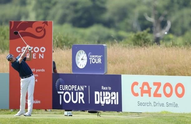 John Catlin of The United States tees off on the 1st hole during Day Two of the Cazoo Open supported by Gareth Bale at Celtic Manor Resort on July...