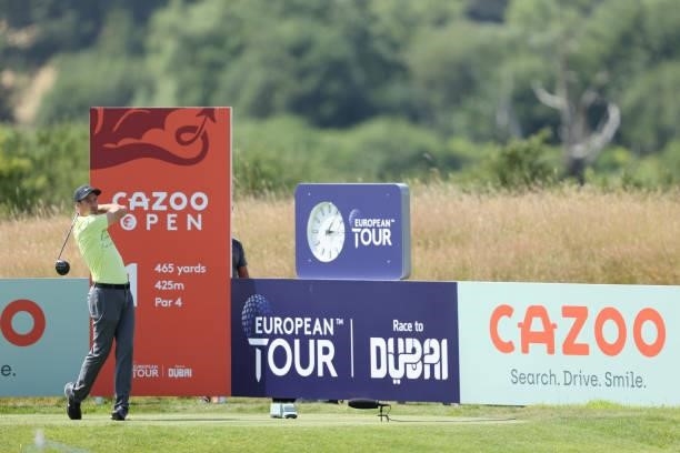 Ross Fisher of England tees off on the 1st hole during Day Two of the Cazoo Open supported by Gareth Bale at Celtic Manor Resort on July 23, 2021 in...