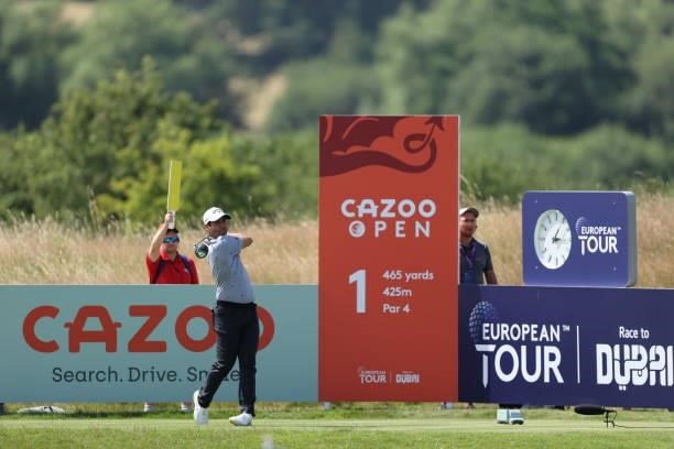 Adrian Otaegui of Spain tees off on the 1st hole during Day Two of the Cazoo Open supported by Gareth Bale at Celtic Manor Resort on July 23, 2021 in...