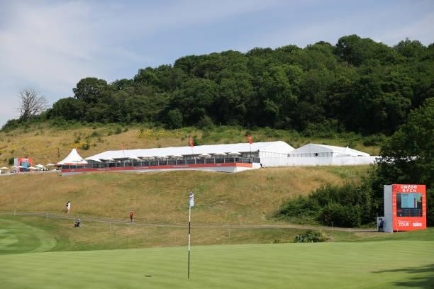 General view of the hospitality overlooking the 18th green during Day Two of the Cazoo Open supported by Gareth Bale at Celtic Manor Resort on July...