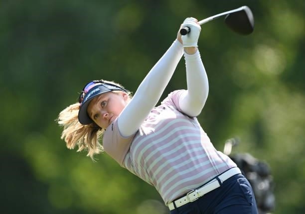 Brooke Henderson of Canada tees off on the 13th hole during day two of the The Amundi Evian Championship at Evian Resort Golf Club on July 23, 2021...