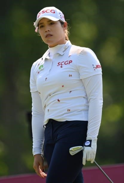 Ariya Jutanugarn of Thailand looks on on the 13th hole during day two of the The Amundi Evian Championship at Evian Resort Golf Club on July 23, 2021...