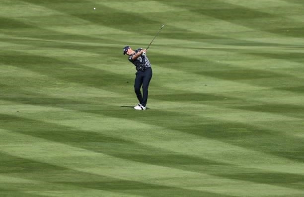 Matt Wallace of England plays their second shot on the 18th hole during Day Two of the Cazoo Open supported by Gareth Bale at Celtic Manor Resort on...
