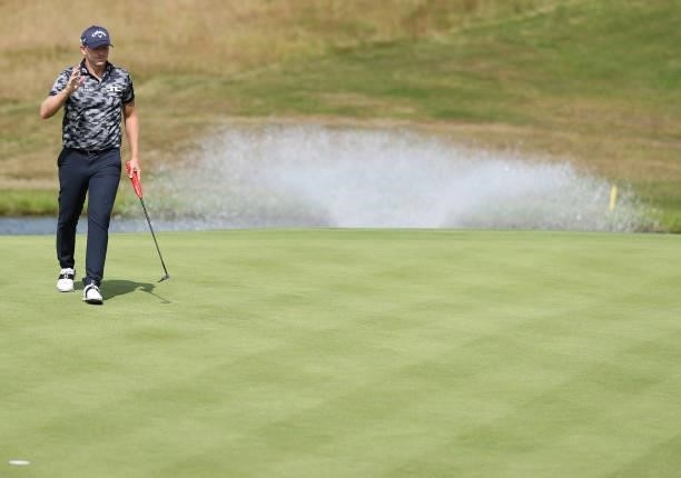 Matt Wallace of England putts on the 18th green during Day Two of the Cazoo Open supported by Gareth Bale at Celtic Manor Resort on July 23, 2021 in...