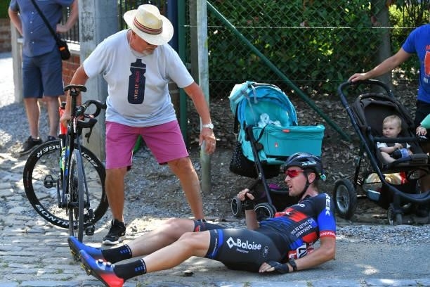 Fan helps to Toon Aerts of Belgium and Team Baloise Trek Lions after crash during the 42nd Tour de Wallonie 2021, Stage 4 206km stage from...
