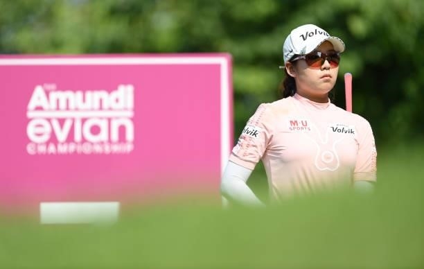 Mi Hyang Lee of South Korea looks on on the 7th tee during day two of the The Amundi Evian Championship at Evian Resort Golf Club on July 23, 2021 in...