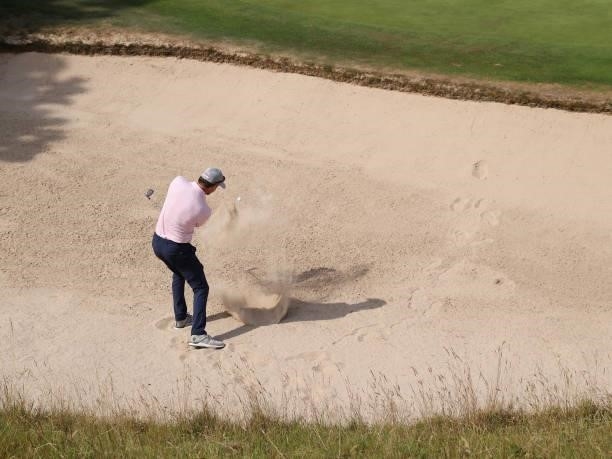 Bradley Dredge of Wales plays a shot from a bunker on the 18th hole during Day Two of the Cazoo Open supported by Gareth Bale at Celtic Manor Resort...