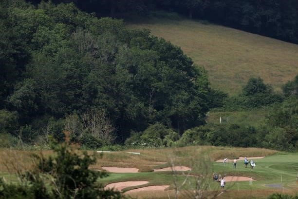 General view as competitors play the 2nd hole during Day Two of the Cazoo Open supported by Gareth Bale at Celtic Manor Resort on July 23, 2021 in...