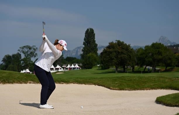 Ariya Jutanugarn of Thailand plays their second shot on the 15th hole during day two of the The Amundi Evian Championship at Evian Resort Golf Club...
